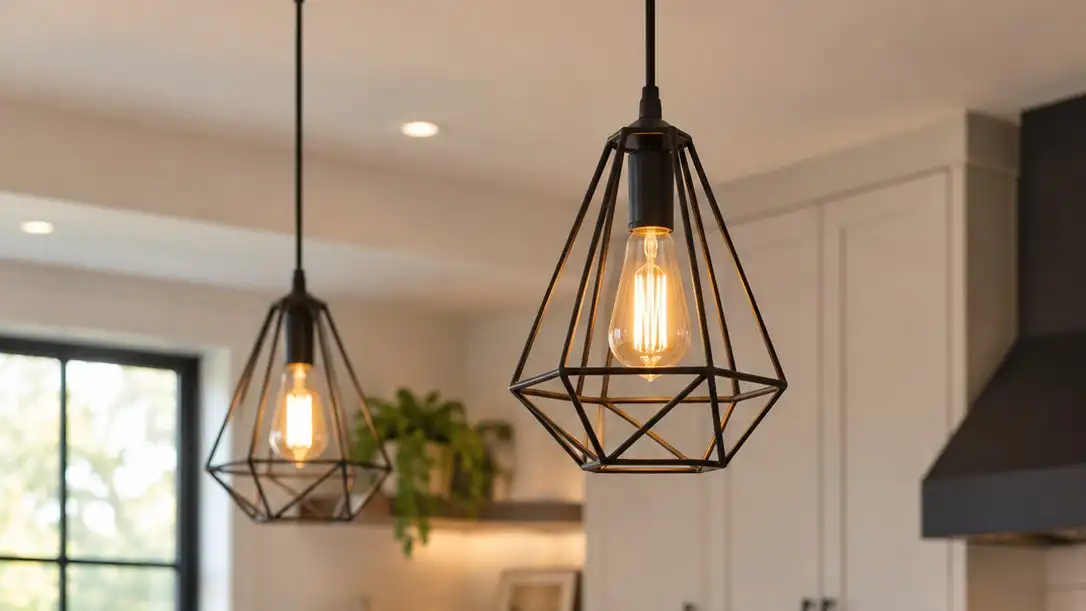 Geometric black pendant lights with warm filament bulbs hanging over a marble kitchen counter