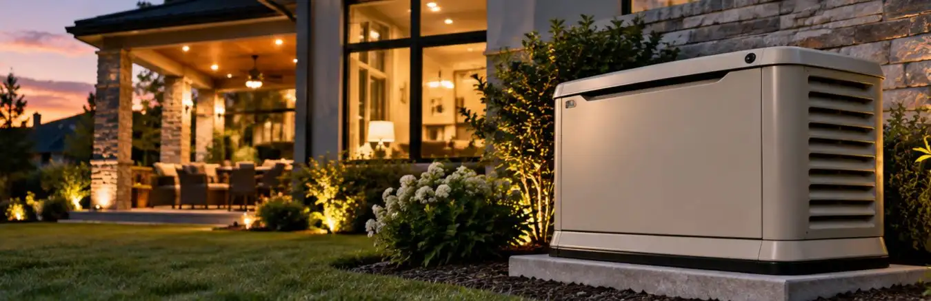 A Generac whole-house standby generator on a concrete pad beside a stone-faced home at dusk