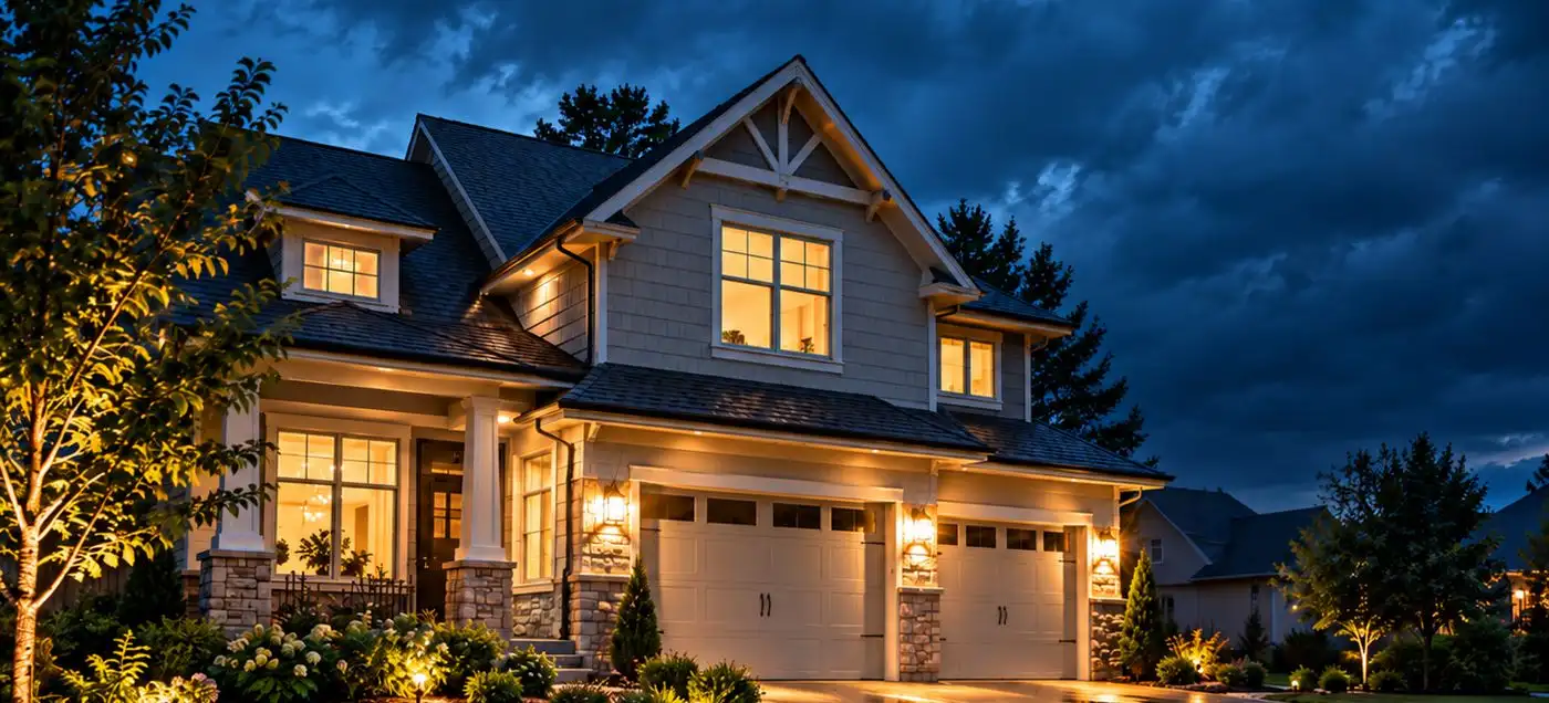 A well-lit two-story home at night under dark storm clouds
