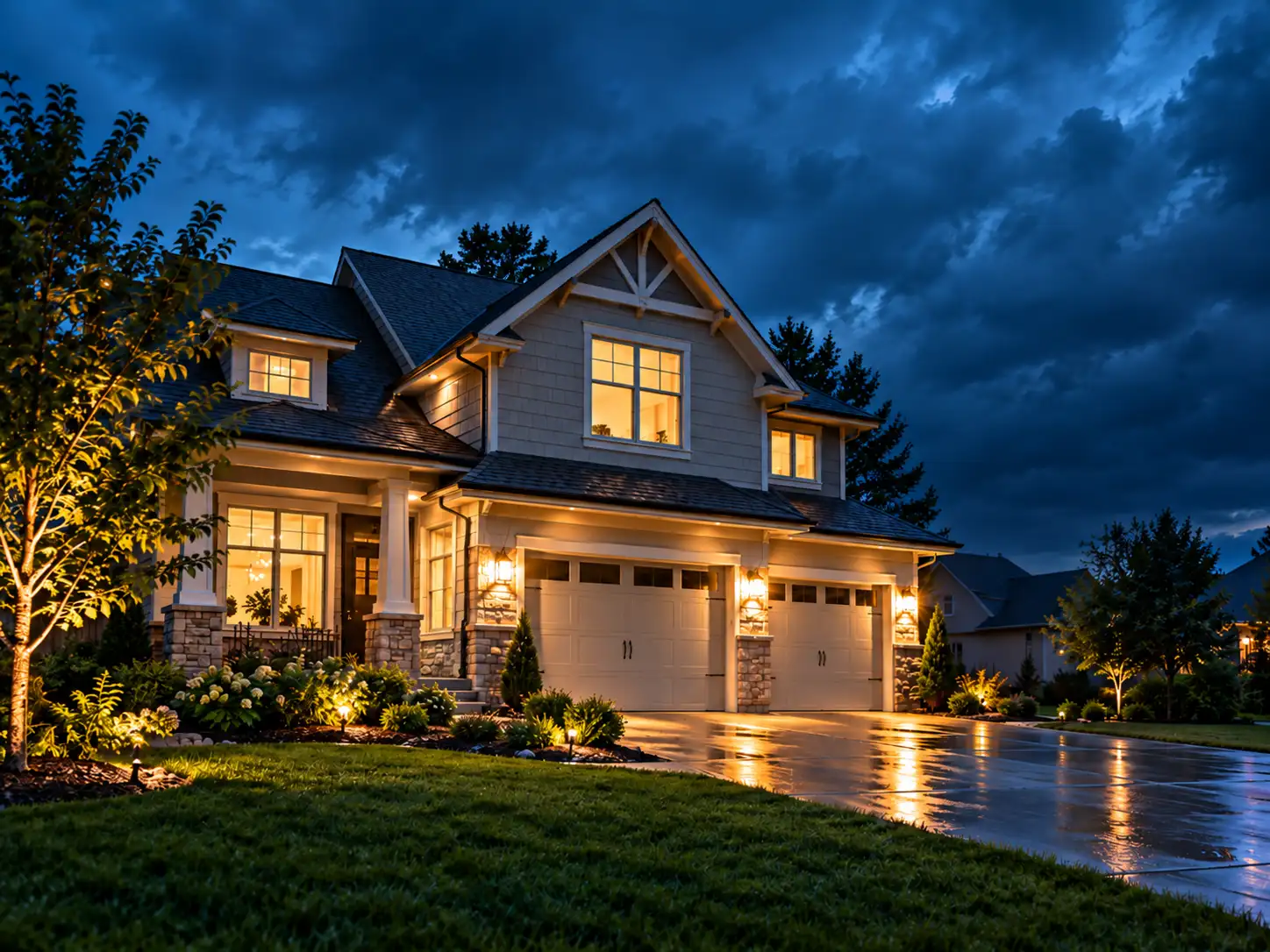 A two-story home at dusk with warm exterior lighting along the garage, entry and driveway under a stormy sky