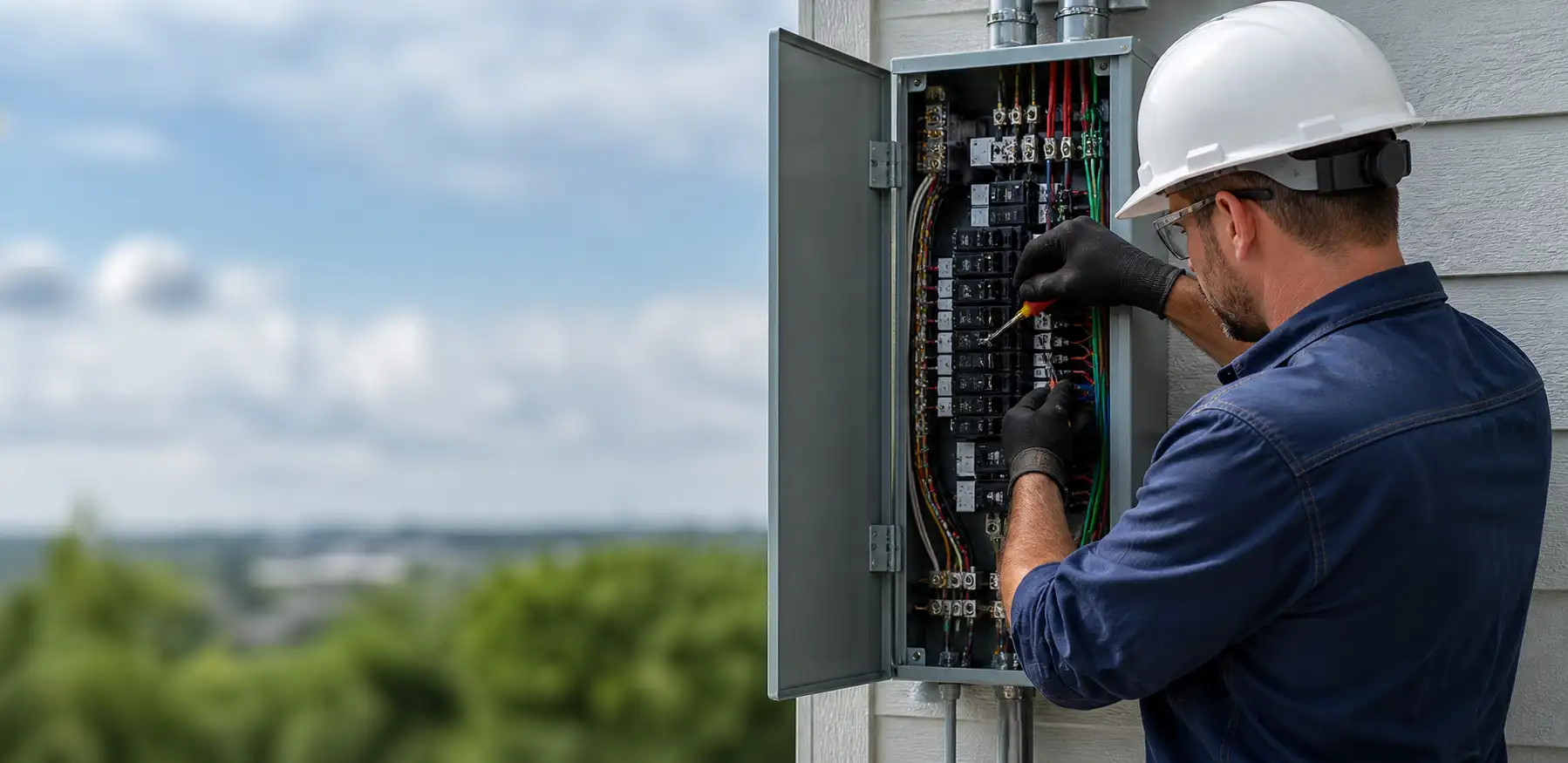 An electrician in a hard hat working on the breakers inside an electrical panel on the side of a house